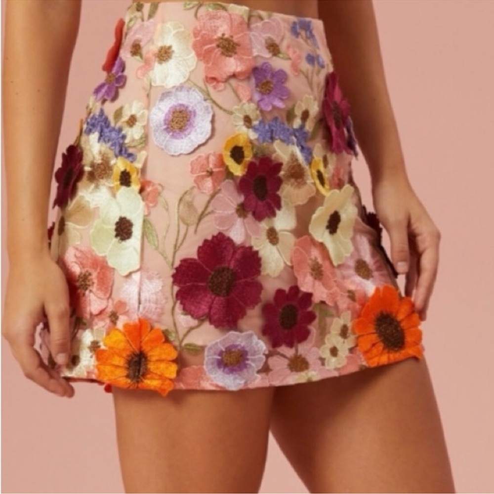 Finesse Pink Mini Skirt with Multicolor Floral Appliqués